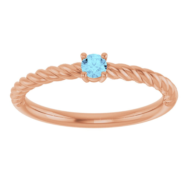 14K Gold Round Natural Aquamarine Rope Solitaire Ring - Rose Gold - view 3