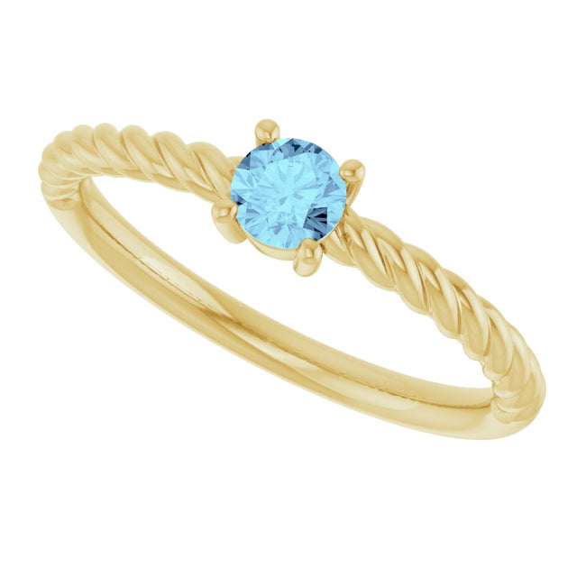 14K Gold Round Natural Aquamarine Rope Solitaire Ring - Yellow Gold - view 2