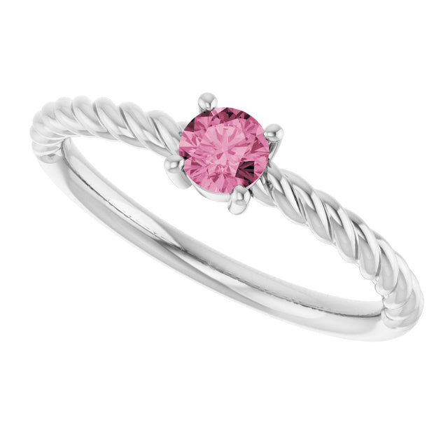 Platinum Round Natural Pink Tourmaline Rope Solitaire Ring - view 2