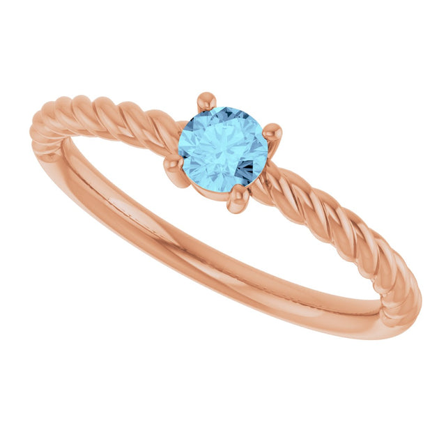 14K Gold Round Natural Aquamarine Rope Solitaire Ring - Rose Gold - view 5