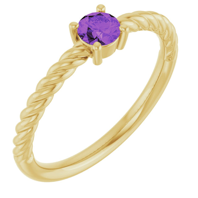 14K Gold Round Natural Amethyst Rope Solitaire Ring - Yellow Gold