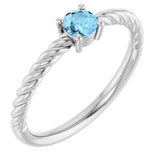 14K Gold Round Natural Aquamarine Rope Solitaire Ring - White Gold