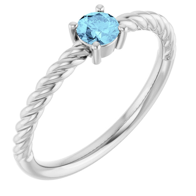 14K Gold Round Natural Aquamarine Rope Solitaire Ring - White Gold