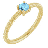 14K Gold Round Natural Aquamarine Rope Solitaire Ring - Yellow Gold