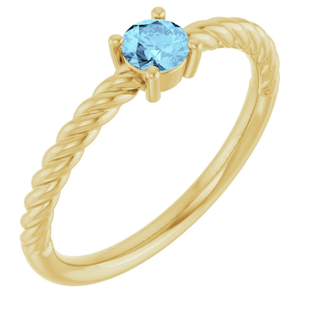 14K Gold Round Natural Aquamarine Rope Solitaire Ring - Yellow Gold