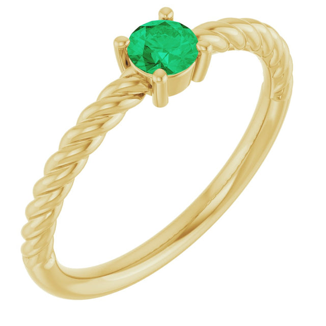 14K Gold Round Natural Emerald Rope Solitaire Ring - Yellow Gold