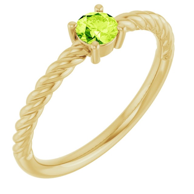 14K Gold Round Natural Peridot Rope Solitaire Ring - Yellow Gold