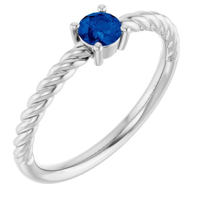 14K Gold Round Lab-Grown Blue Sapphire Rope Solitaire Ring - White Gold
