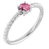 14K Gold Round Natural Pink Tourmaline Rope Solitaire Ring - White Gold