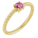 14K Gold Round Natural Pink Tourmaline Rope Solitaire Ring - Yellow Gold