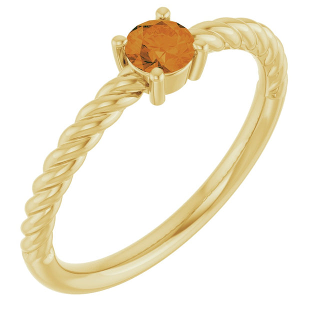14K Gold Round Natural Citrine Rope Solitaire Ring - Yellow Gold