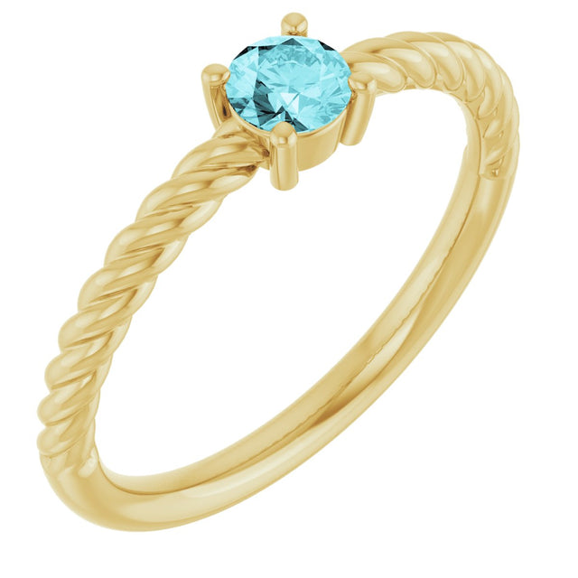 14K Gold Round Natural Blue Zircon Rope Solitaire Ring - Yellow Gold