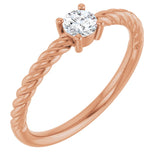 14K Gold Round Natural White Sapphire Rope Solitaire Ring - Rose Gold
