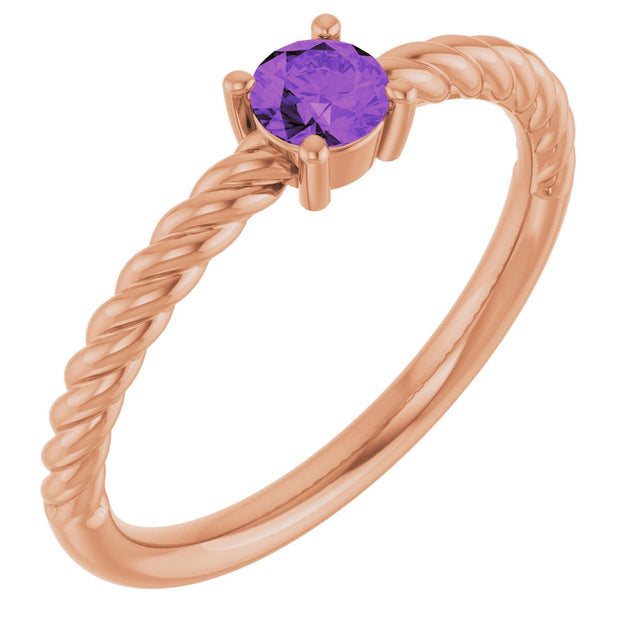 14K Gold Round Natural Amethyst Rope Solitaire Ring - Rose Gold