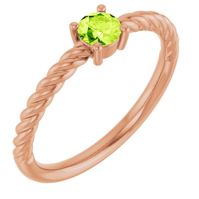 14K Gold Round Natural Peridot Rope Solitaire Ring - Rose Gold