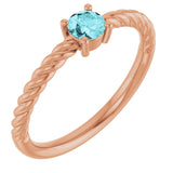 14K Gold Round Natural Blue Zircon Rope Solitaire Ring - Rose Gold