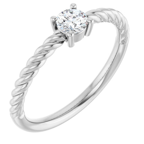 14K Gold Round Natural White Sapphire Rope Solitaire Ring - White Gold