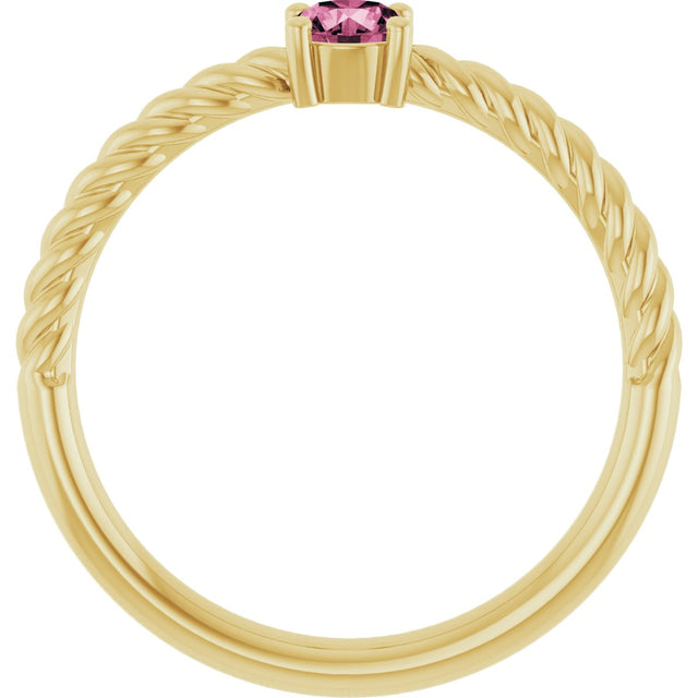 14K Gold Round Natural Pink Tourmaline Rope Solitaire Ring - Yellow Gold - view 2