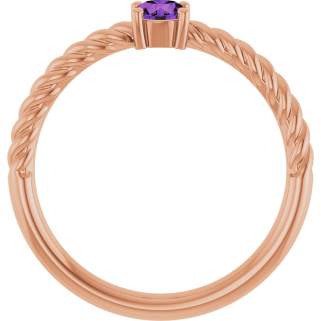 14K Gold Round Natural Amethyst Rope Solitaire Ring - Rose Gold - view 2