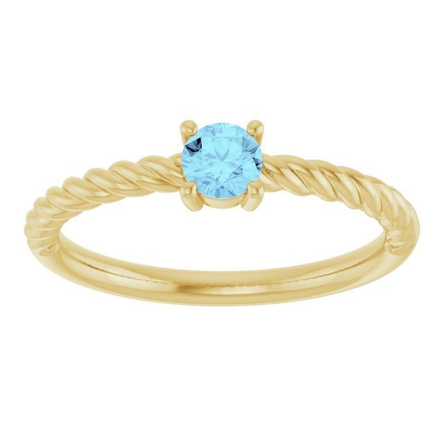 14K Gold Round Natural Aquamarine Rope Solitaire Ring - Yellow Gold - view 4