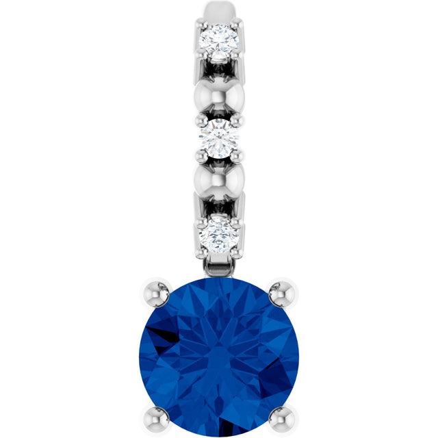 14K Gold Round Blue Sapphire Accented Pendant - White Gold