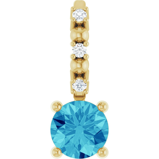 14K Gold Round Blue Zircon Accented Pendant - Yellow Gold