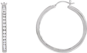 14K Gold Round Natural Diamond Accented Hoop Earrings - White Gold