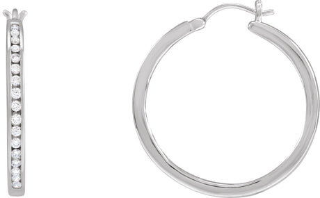 14K Gold Round Natural Diamond Accented Hoop Earrings - White Gold
