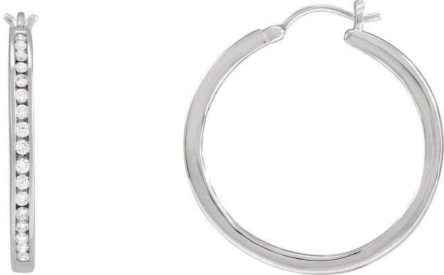 14K Gold Round Natural Diamond Accented Hoop Earrings - White Gold