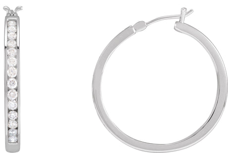 14K Gold Round Natural Diamond Accented Hoop Earrings - White Gold