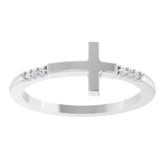 14K Gold Round Natural Diamond Stackable Sideways Cross Ring - White Gold - view 3