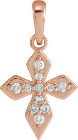 14K Gold Round Natural Diamond Petite Cross Necklace or Pendant II - Rose Gold