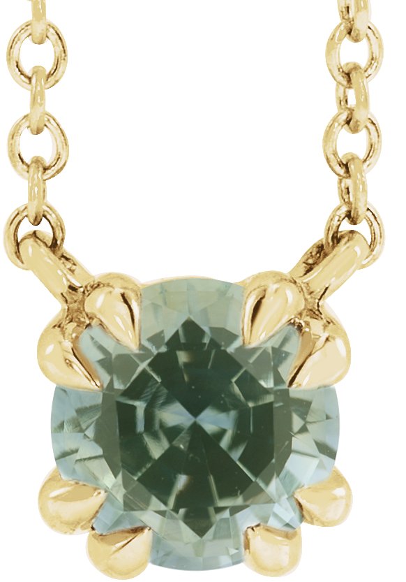 14K Gold Round Natural Green Sapphire Double Claw-Prong Solitaire Necklace - Yellow Gold