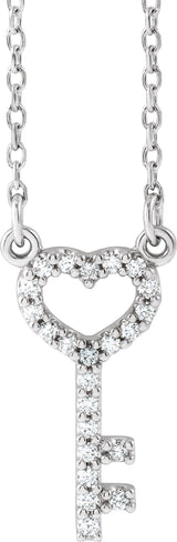 Platinum Round Natural Diamond Petite Heart Key Necklace