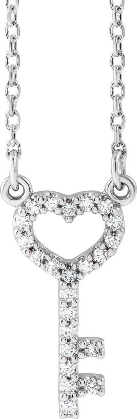 Platinum Round Natural Diamond Petite Heart Key Necklace