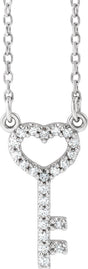 Platinum Round Natural Diamond Petite Heart Key Necklace
