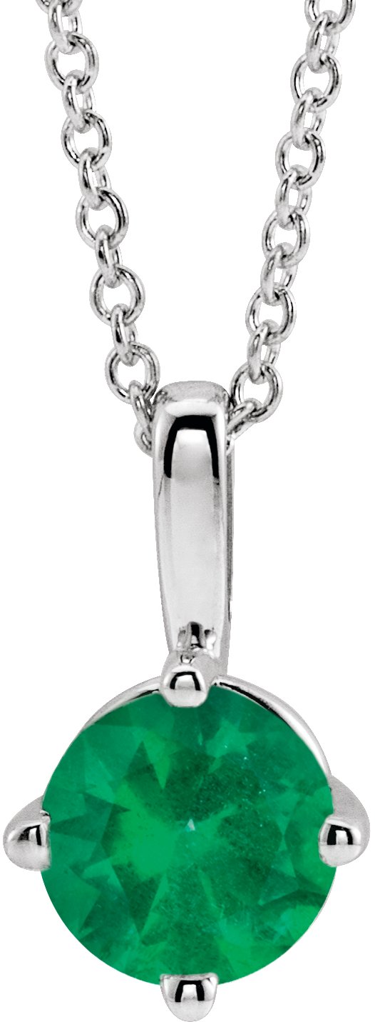 14K Gold Round Natural Emerald Solitaire Necklace or Pendant II - White Gold