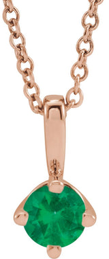 14K Gold Round Natural Emerald Solitaire Necklace or Pendant II - Rose Gold