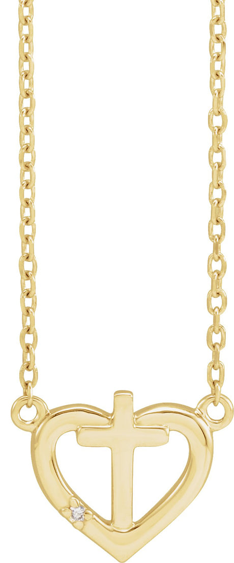 14K Gold Round Natural Diamond Heart & Cross Necklace – up to 0.0025 CTW - Yellow Gold