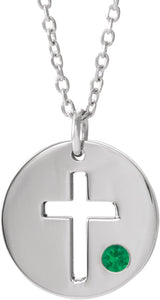 14K Gold Round Natural Emerald Pierced Cross Disc Necklace or Pendant - White Gold