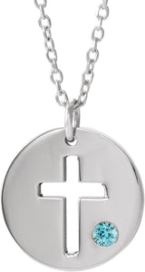 14K Gold Round Natural Blue Zircon Pierced Cross Disc Necklace or Pendant - White Gold
