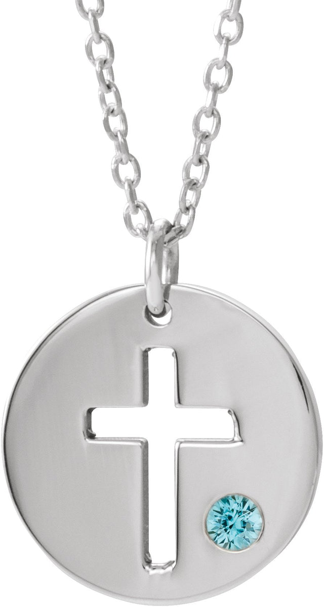 14K Gold Round Natural Blue Zircon Pierced Cross Disc Necklace or Pendant - White Gold