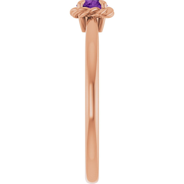 14K Gold Round Natural Amethyst Claw-Prong Rope Solitaire Ring - Rose Gold - view 4