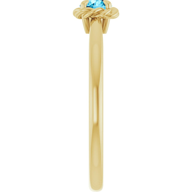 14K Gold Round Natural Aquamarine Claw-Prong Rope Solitaire Ring - Yellow Gold - view 4