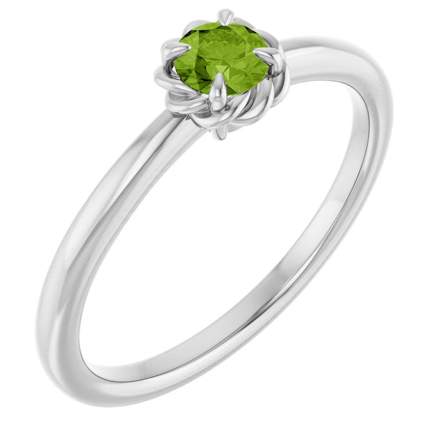 14K Gold Round Natural Peridot Claw-Prong Rope Solitaire Ring - White Gold