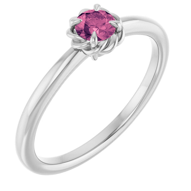 14K Gold Round Natural Pink Tourmaline Claw-Prong Rope Solitaire Ring - White Gold