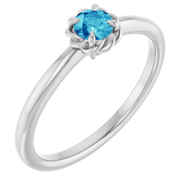 14K Gold Round Natural Blue Zircon Claw-Prong Rope Solitaire Ring - White Gold