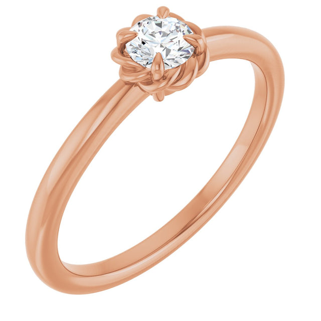 14K Gold Round Natural White Sapphire Claw-Prong Rope Solitaire Ring - Rose Gold