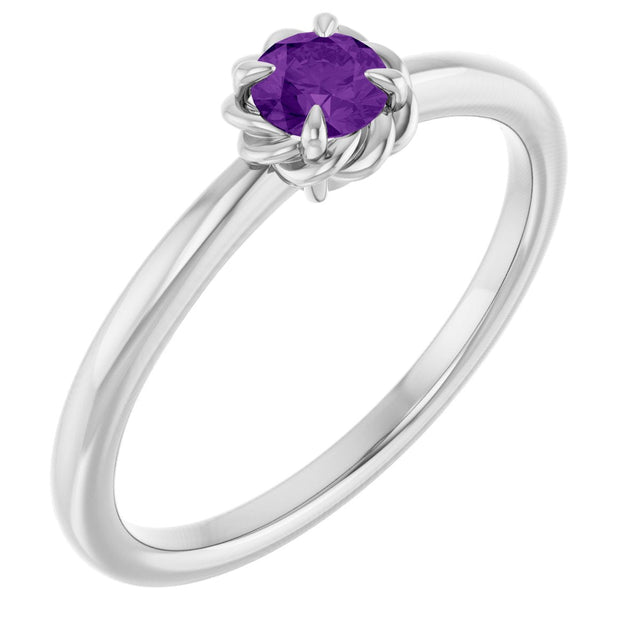 14K Gold Round Natural Amethyst Claw-Prong Rope Solitaire Ring - White Gold
