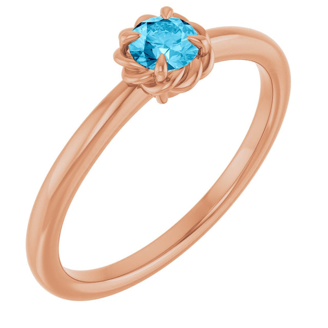 14K Gold Round Natural Aquamarine Claw-Prong Rope Solitaire Ring - Rose Gold